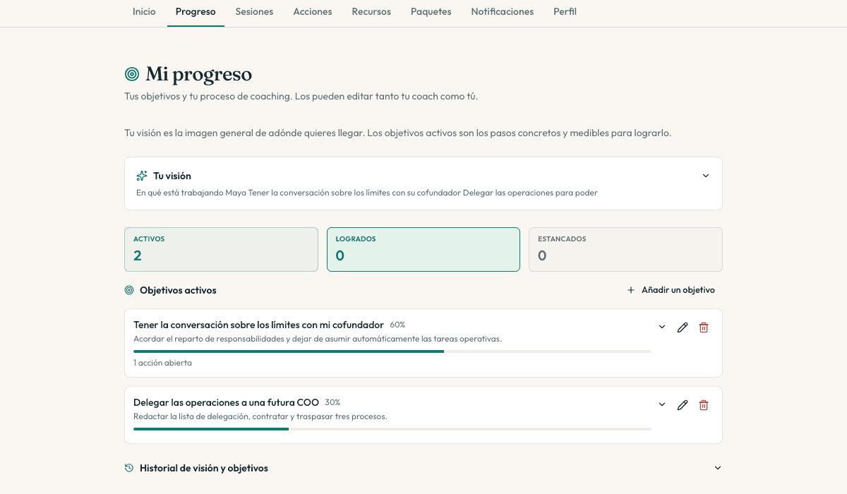 La vista de progreso del portal de clientes
